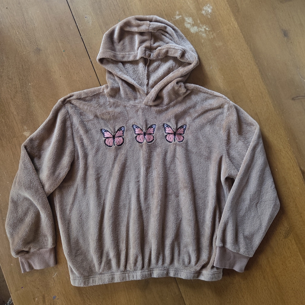 Mighty Fine Plush Hooded Pullover in Light Brown with Cream Label